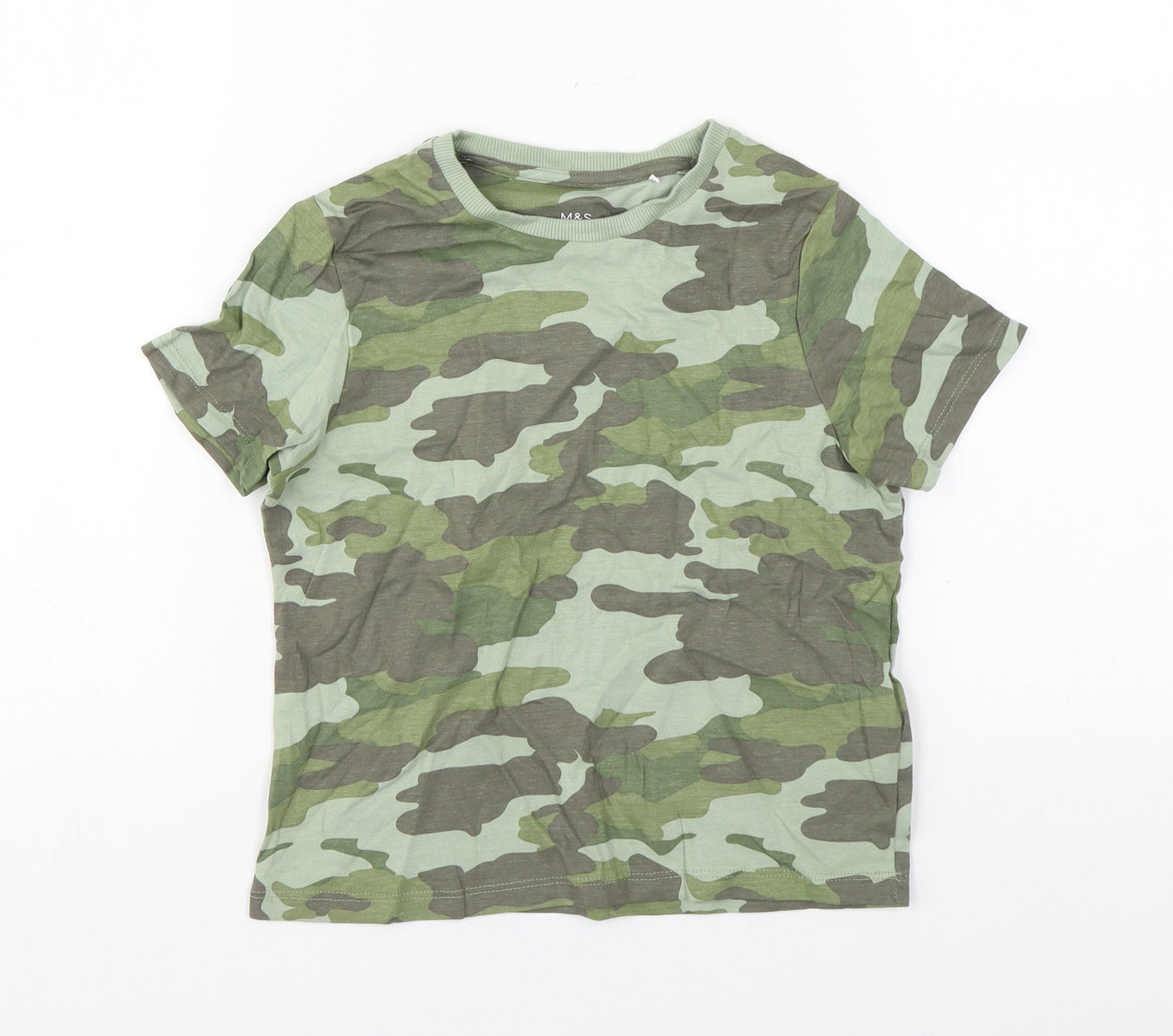 Marks and Spencer Boys Green Camouflage Cotton Basic T-Shirt Size 7-8 Years Round Neck Pullover