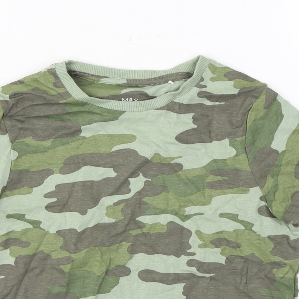 Marks and Spencer Boys Green Camouflage Cotton Basic T-Shirt Size 7-8 Years Round Neck Pullover