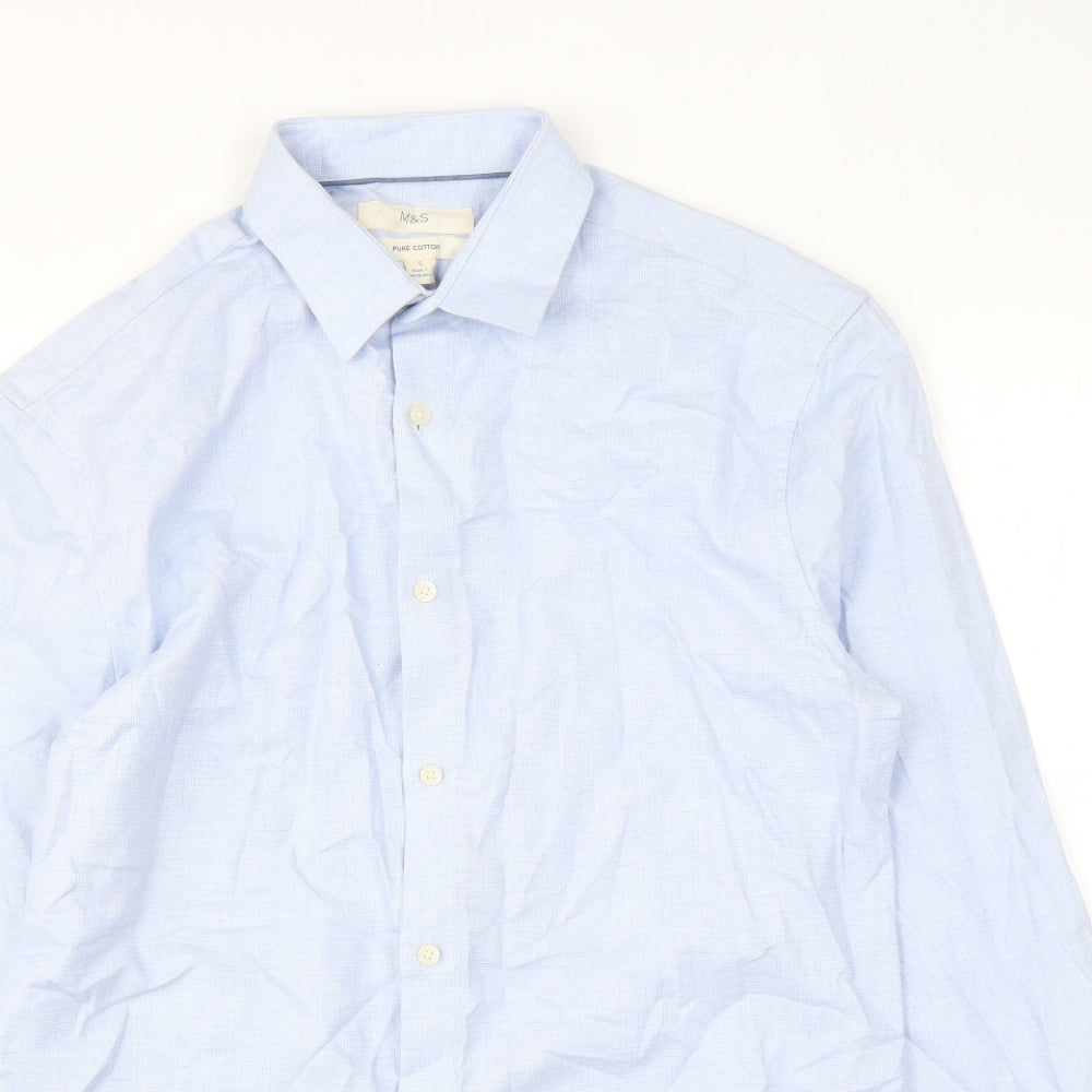 Marks and Spencer Mens Blue Cotton Dress Shirt Size S Collared Button