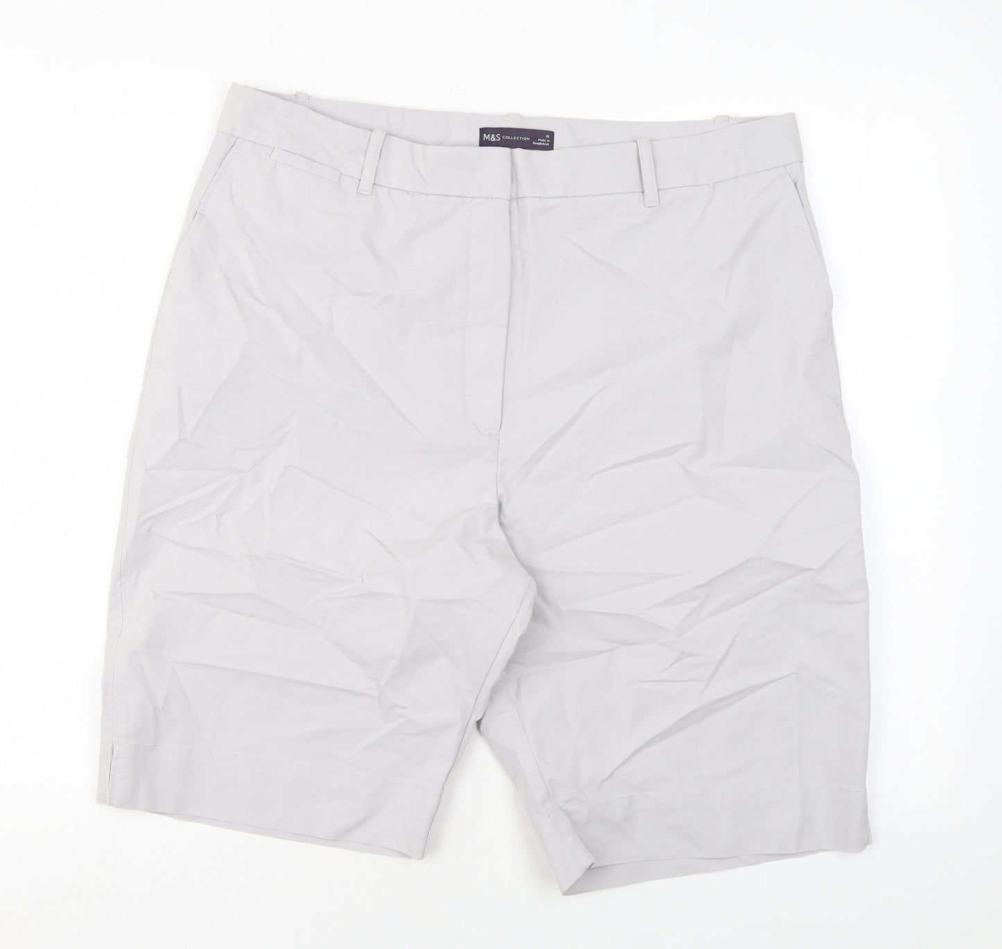 Marks and Spencer Womens Grey Cotton Chino Shorts Size 16 L11 in Regular Zip