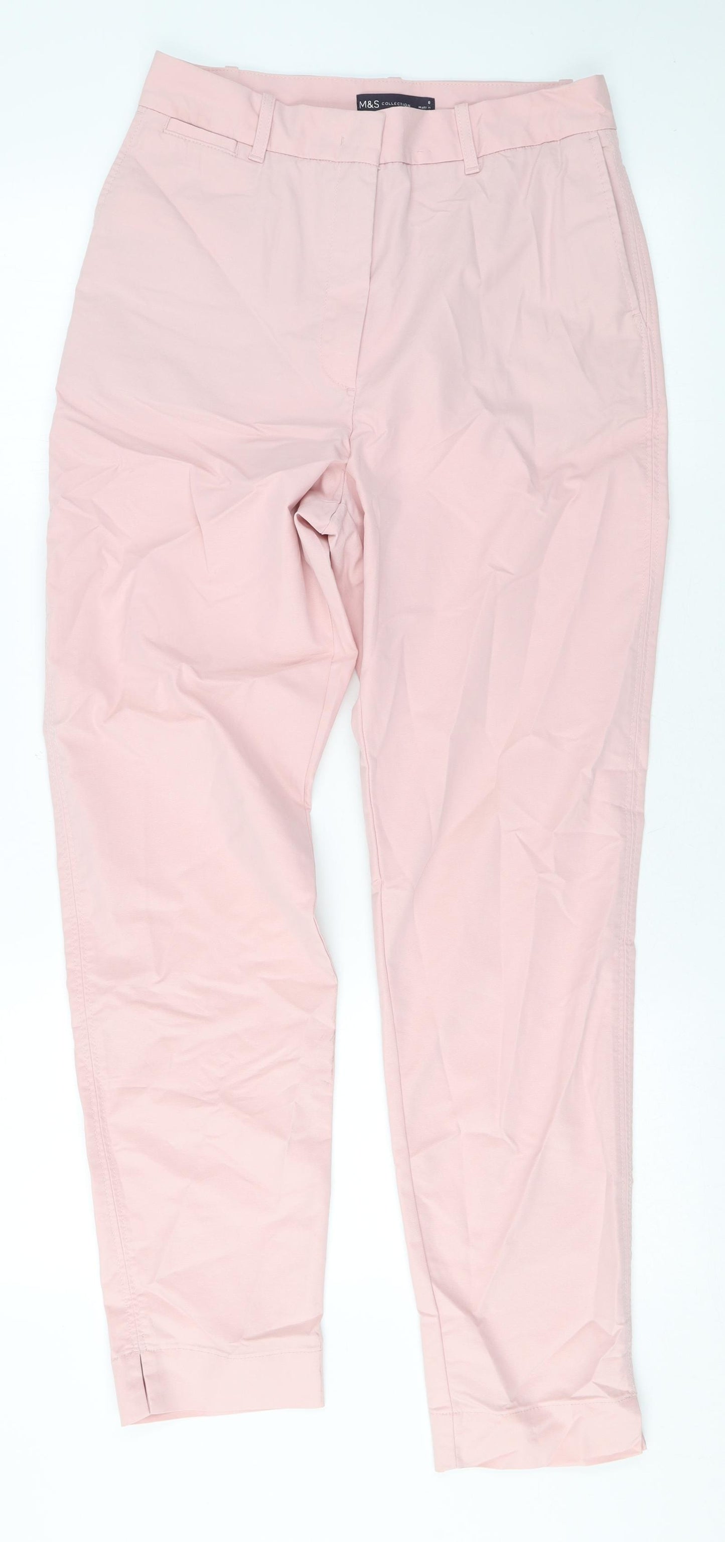 Marks and Spencer Womens Pink Cotton Trousers Size 8 L28 in Regular Zip