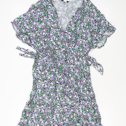 Marks and Spencer Womens Blue Floral Viscose A-Line Size 10 V-Neck Pullover