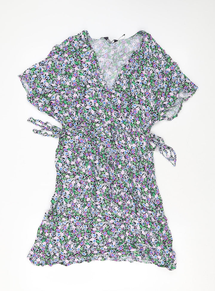 Marks and Spencer Womens Blue Floral Viscose A-Line Size 10 V-Neck Pullover