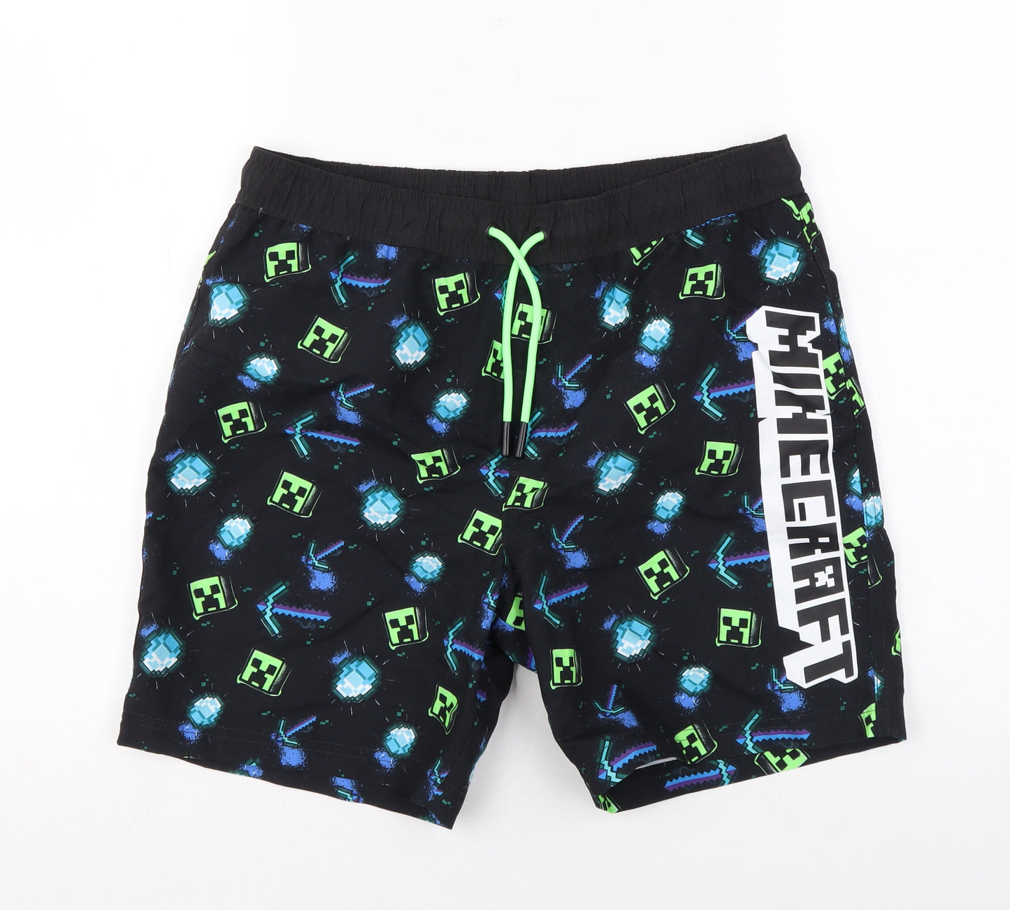 Marks and Spencer Boys Black Geometric Polyester Bermuda Shorts Size 13-14 Years Regular Drawstring - Minecraft
