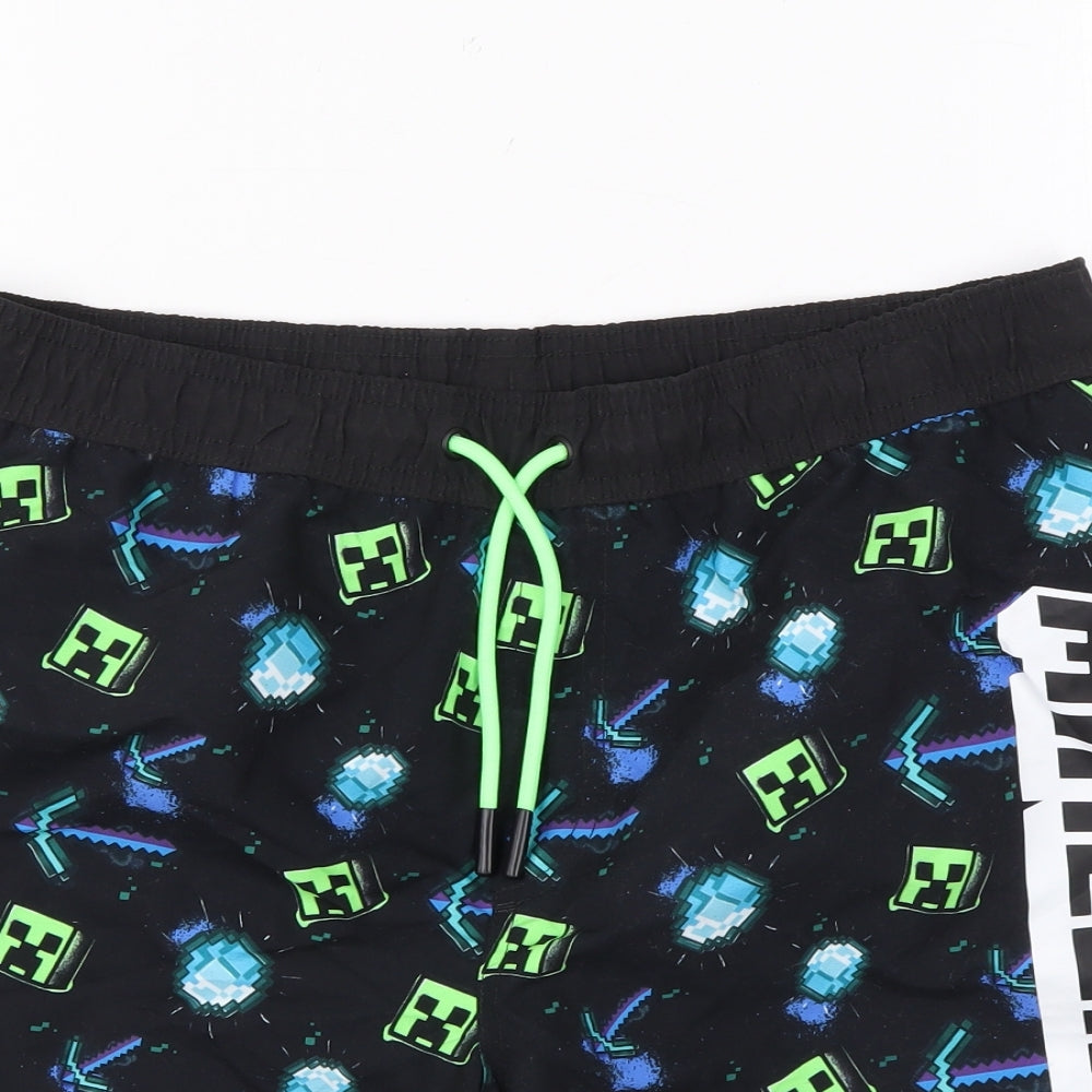 Marks and Spencer Boys Black Geometric Polyester Bermuda Shorts Size 13-14 Years Regular Drawstring - Minecraft