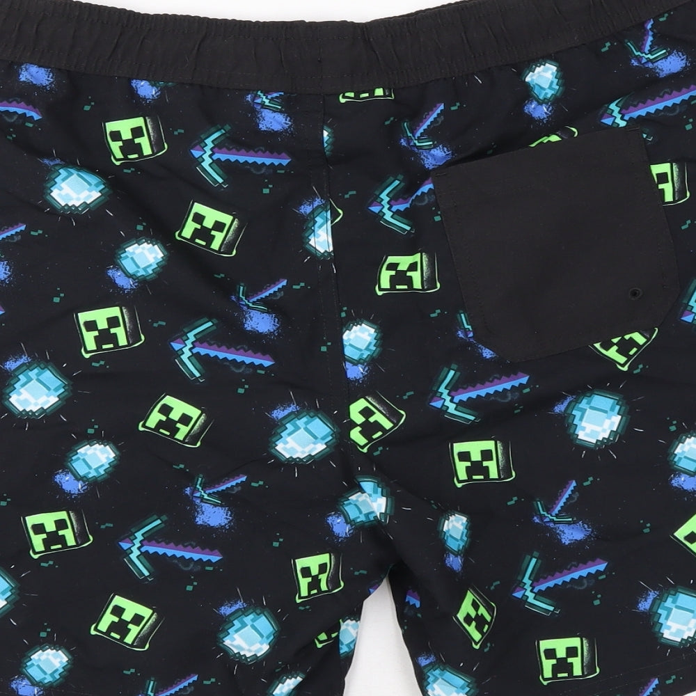 Marks and Spencer Boys Black Geometric Polyester Bermuda Shorts Size 13-14 Years Regular Drawstring - Minecraft