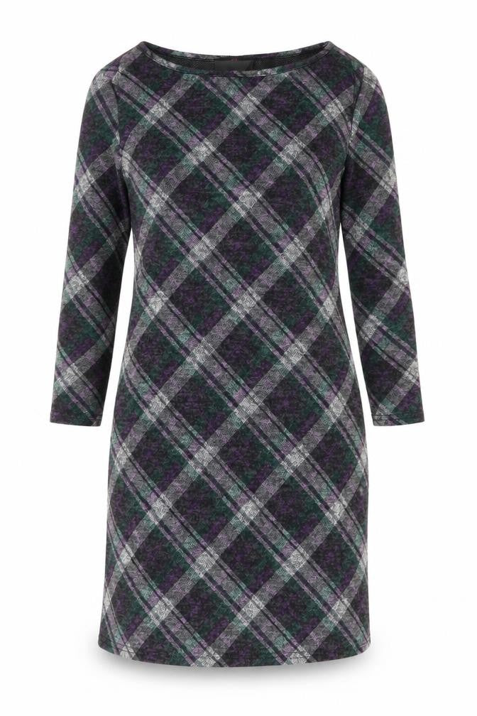 Front view of Simon Jeffrey women’s black plaid polyester a-line, size UK 10, round neck pullover