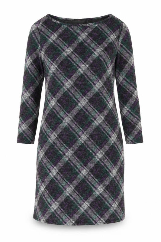 Front view of Simon Jeffrey women’s black plaid polyester a-line, size UK 10, round neck pullover