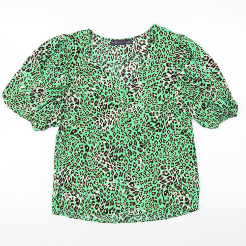 Marks and Spencer Womens Green Animal Print Polyester Basic Button-Up Size 6 V-Neck
