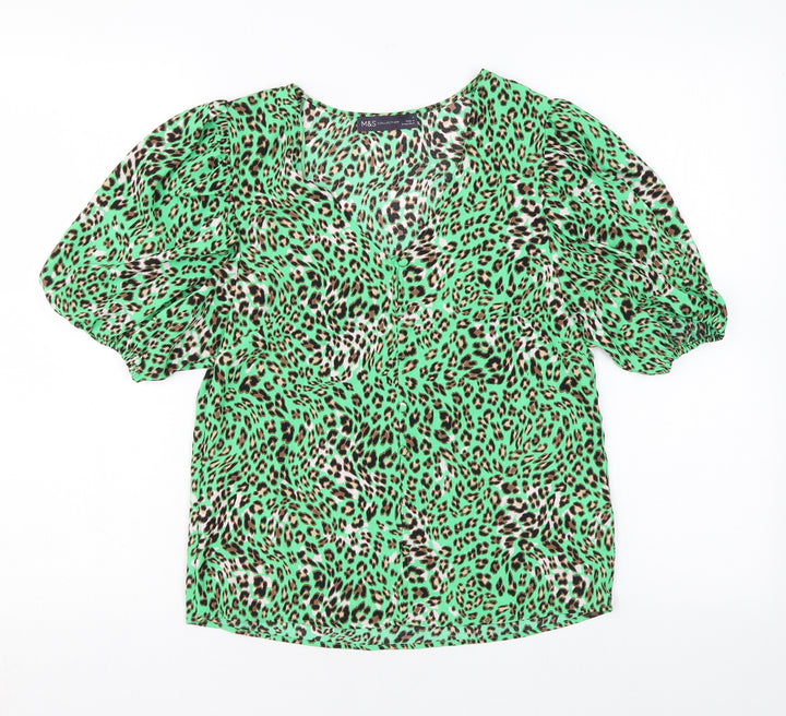 Marks and Spencer Womens Green Animal Print Polyester Basic Button-Up Size 6 V-Neck