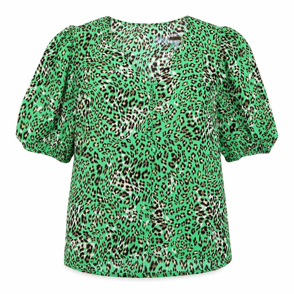Front view of Marks & Spencer women’s green animal print polyester basic button-up, size UK 6, v-neck