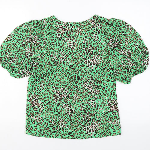 Marks and Spencer Womens Green Animal Print Polyester Basic Button-Up Size 6 V-Neck