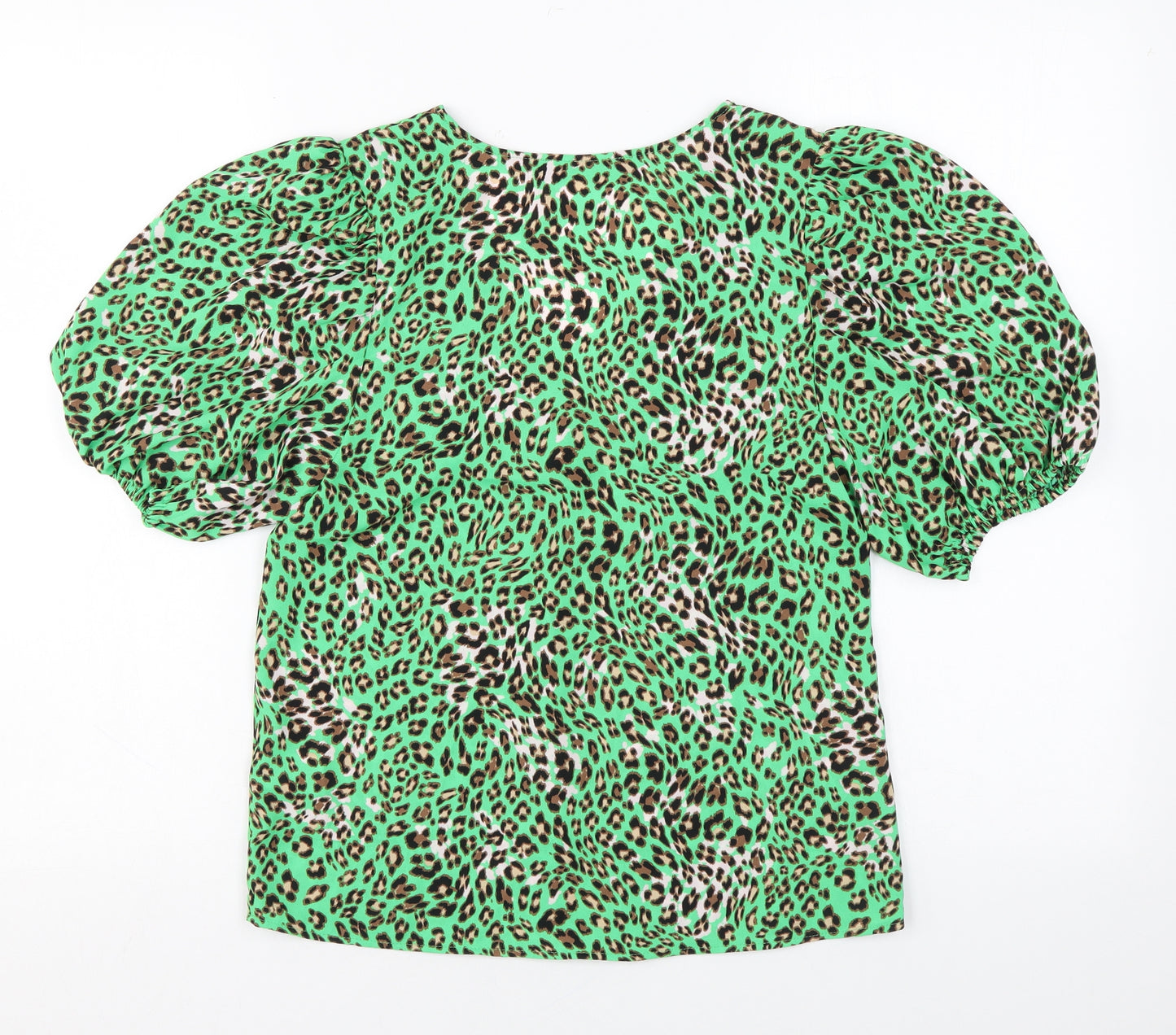 Marks and Spencer Womens Green Animal Print Polyester Basic Button-Up Size 6 V-Neck