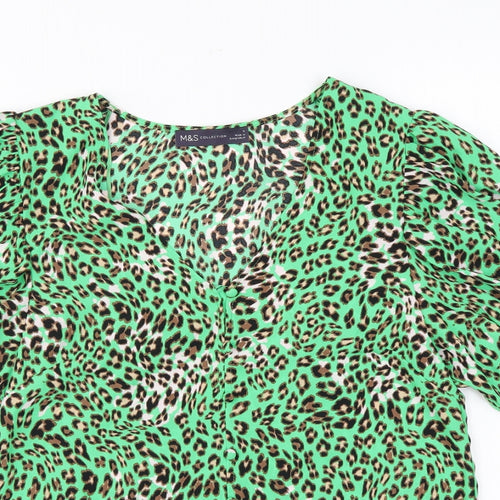 Marks and Spencer Womens Green Animal Print Polyester Basic Button-Up Size 6 V-Neck