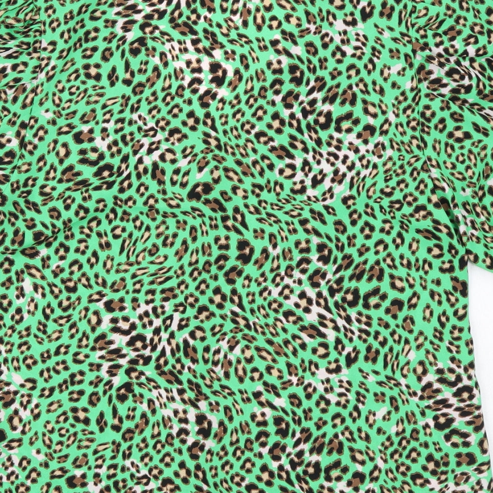 Marks and Spencer Womens Green Animal Print Polyester Basic Button-Up Size 6 V-Neck