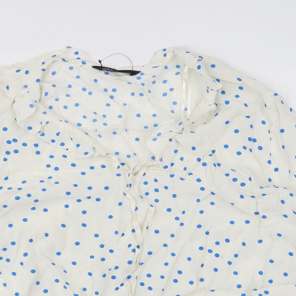 Marks and Spencer Womens White Polka Dot Viscose Basic Blouse Size 14 V-Neck