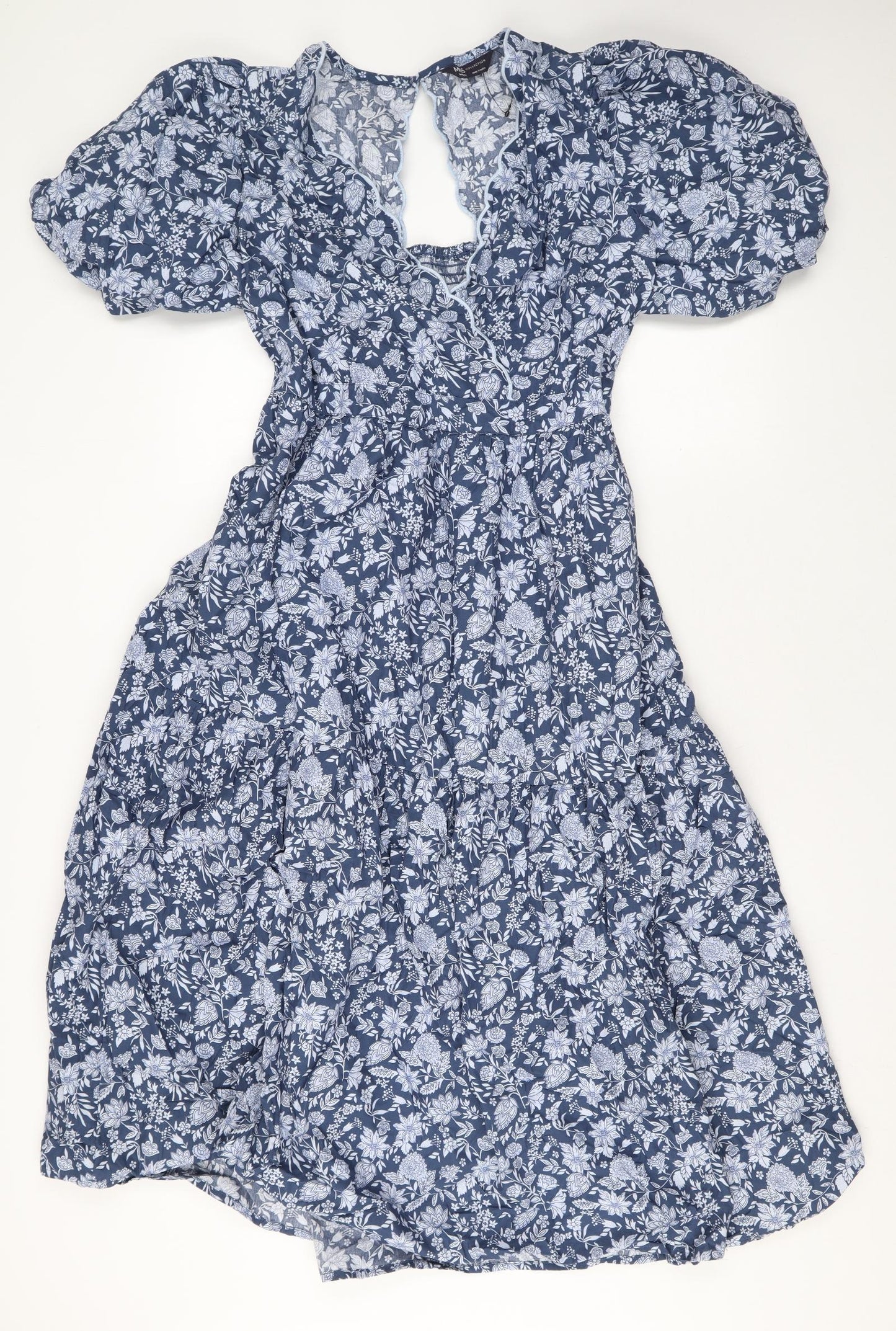 Marks and Spencer Womens Blue Geometric Cotton A-Line Size 14 V-Neck Button