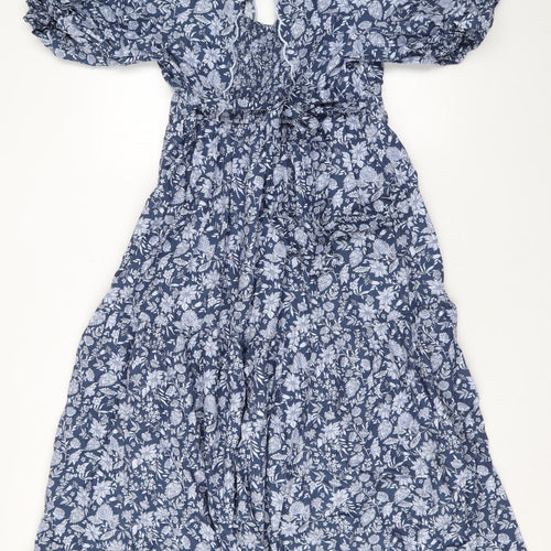Marks and Spencer Womens Blue Geometric Cotton A-Line Size 14 V-Neck Button