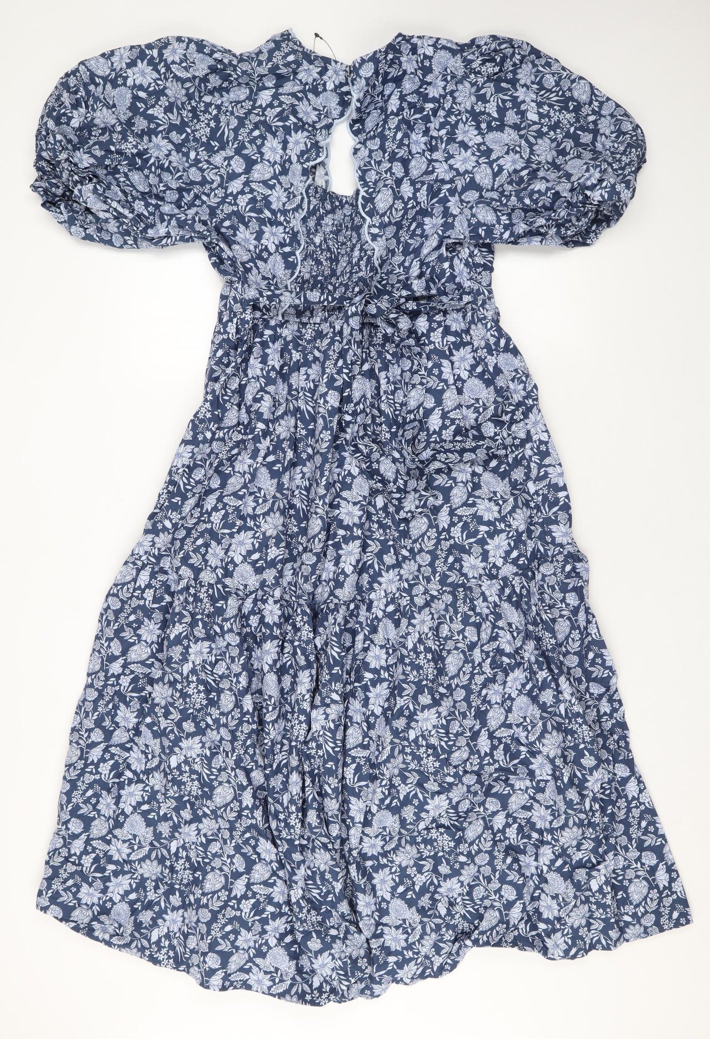 Marks and Spencer Womens Blue Geometric Cotton A-Line Size 14 V-Neck Button