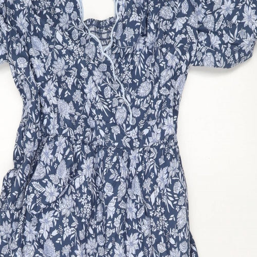 Marks and Spencer Womens Blue Geometric Cotton A-Line Size 14 V-Neck Button