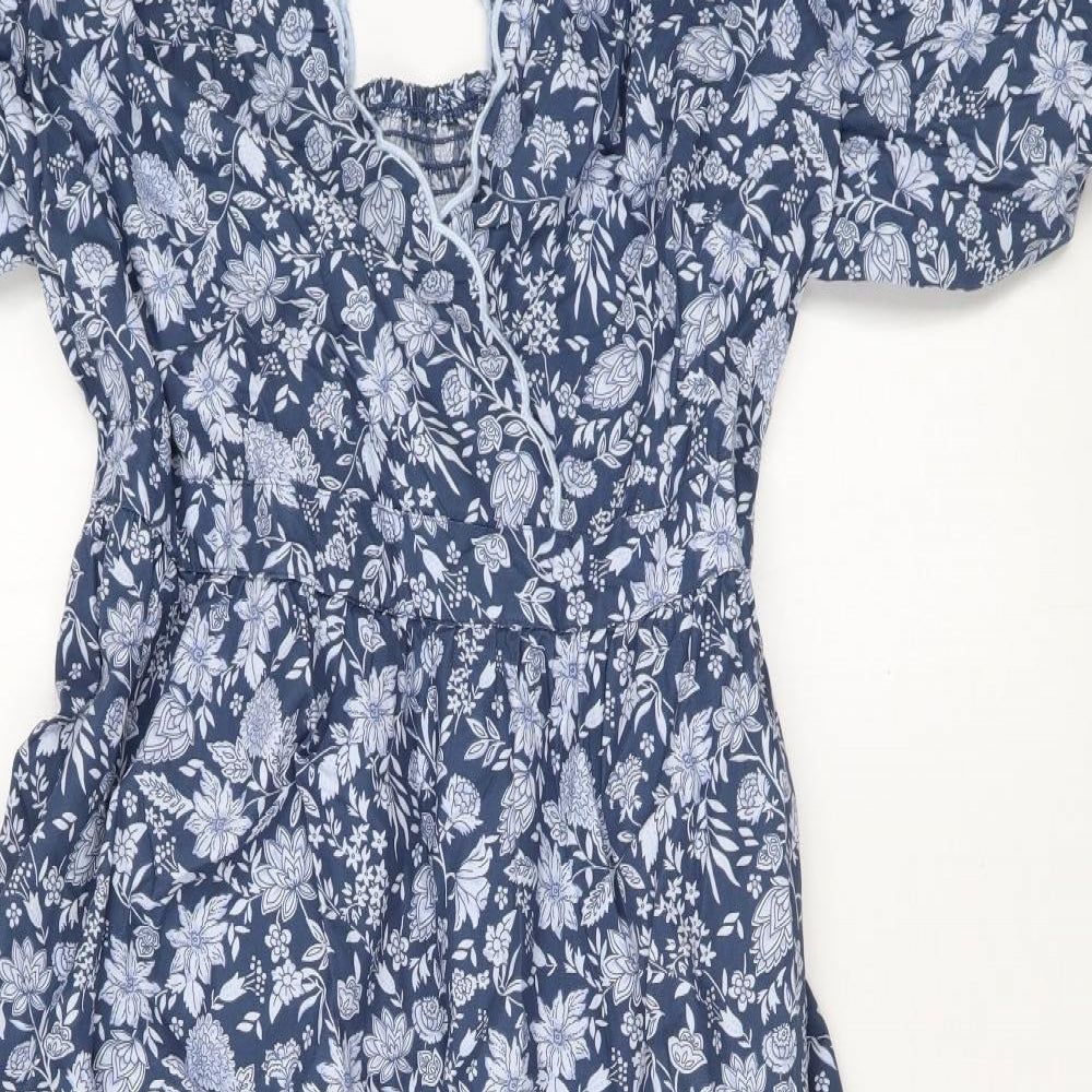 Marks and Spencer Womens Blue Geometric Cotton A-Line Size 14 V-Neck Button