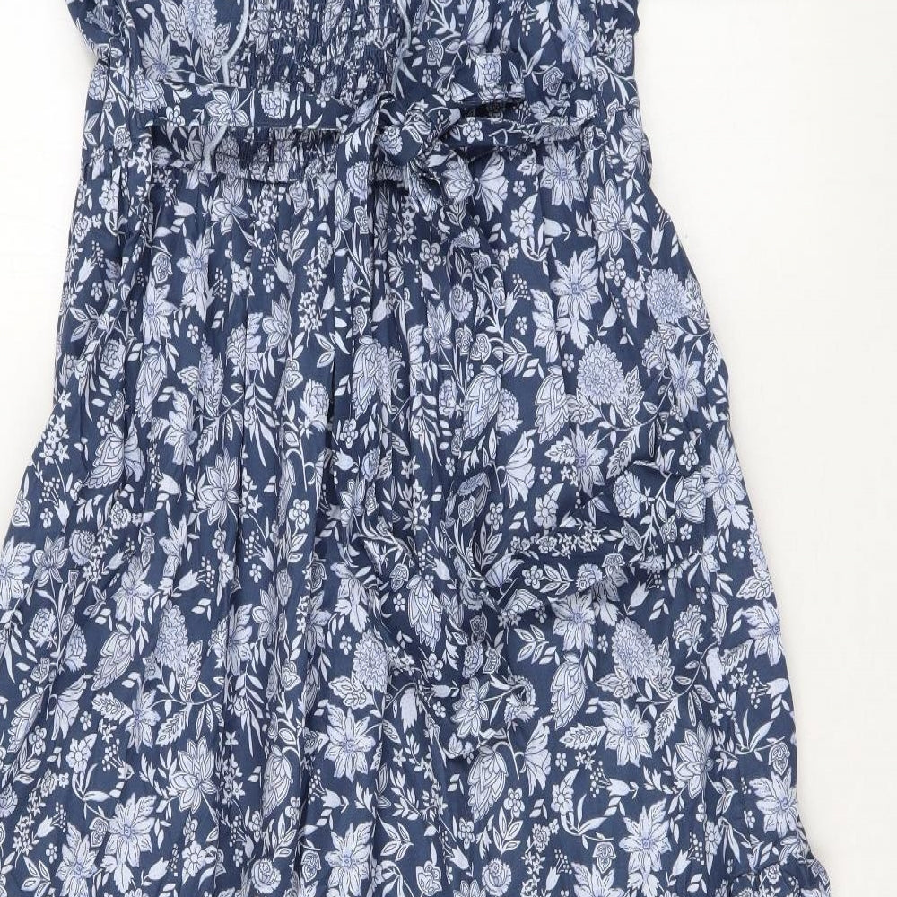 Marks and Spencer Womens Blue Geometric Cotton A-Line Size 14 V-Neck Button