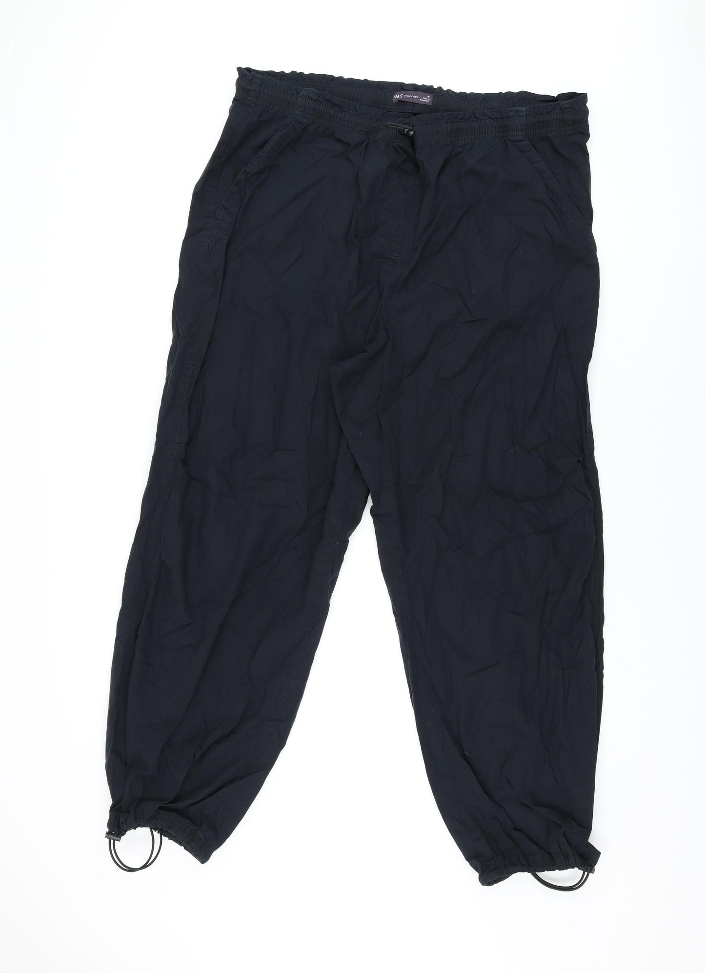 Marks and Spencer Womens Black Cotton Trousers Size 20 L29 in Regular Drawstring - Parachute Trousers