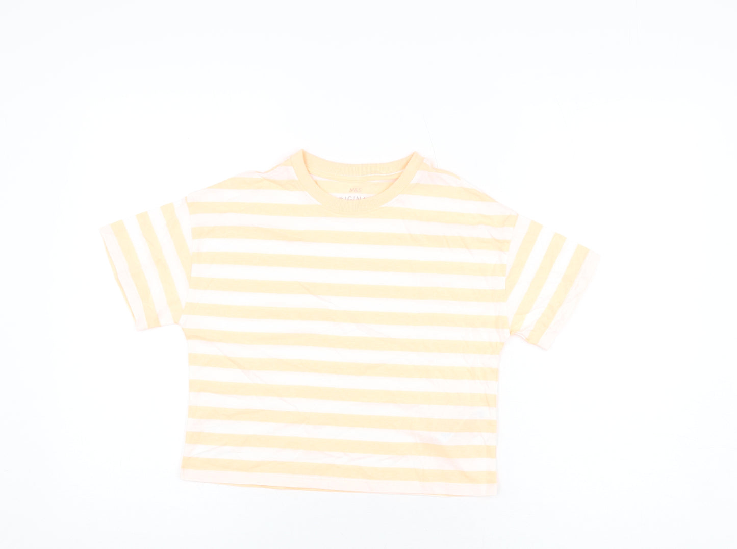 Marks and Spencer Boys White Striped Cotton Basic T-Shirt Size 8-9 Years Round Neck Pullover