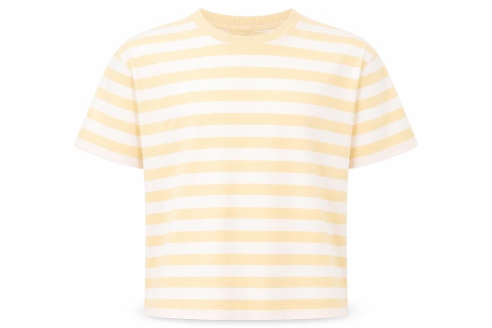 Front view of Marks & Spencer boys’ white striped cotton basic t-shirt, size 8-9, years round neck pullover