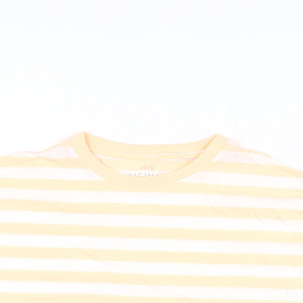 Marks and Spencer Boys White Striped Cotton Basic T-Shirt Size 8-9 Years Round Neck Pullover