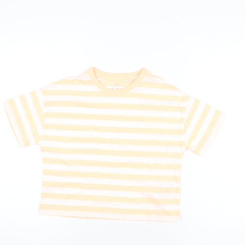 Marks and Spencer Boys White Striped Cotton Basic T-Shirt Size 8-9 Years Round Neck Pullover