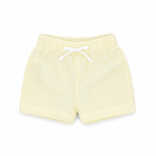 Front view of Marks & Spencer boys’ yellow striped cotton shorts outfit/set, size 3-6, months drawstring - swim shorts