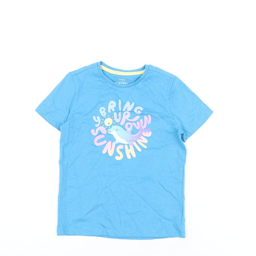 Marks and Spencer Girls Blue Cotton Basic T-Shirt Size 5-6 Years Round Neck Pullover - Dolphin Print