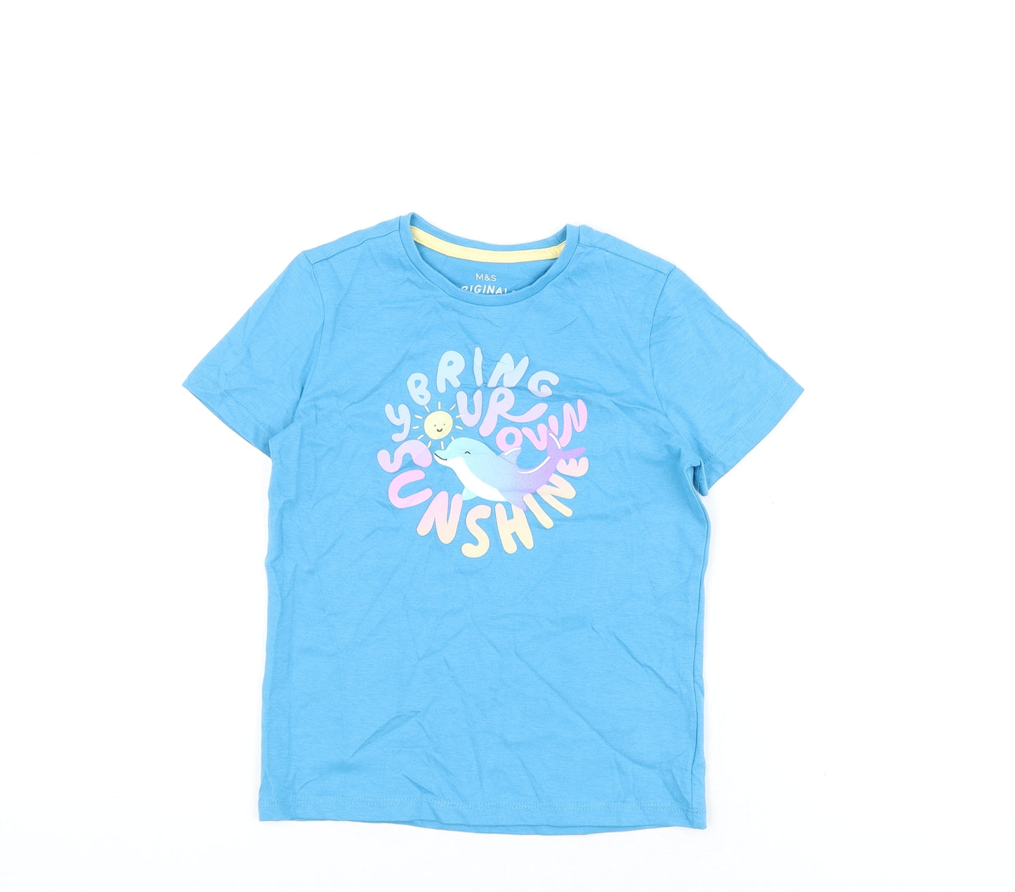 Marks and Spencer Girls Blue Cotton Basic T-Shirt Size 5-6 Years Round Neck Pullover - Dolphin Print