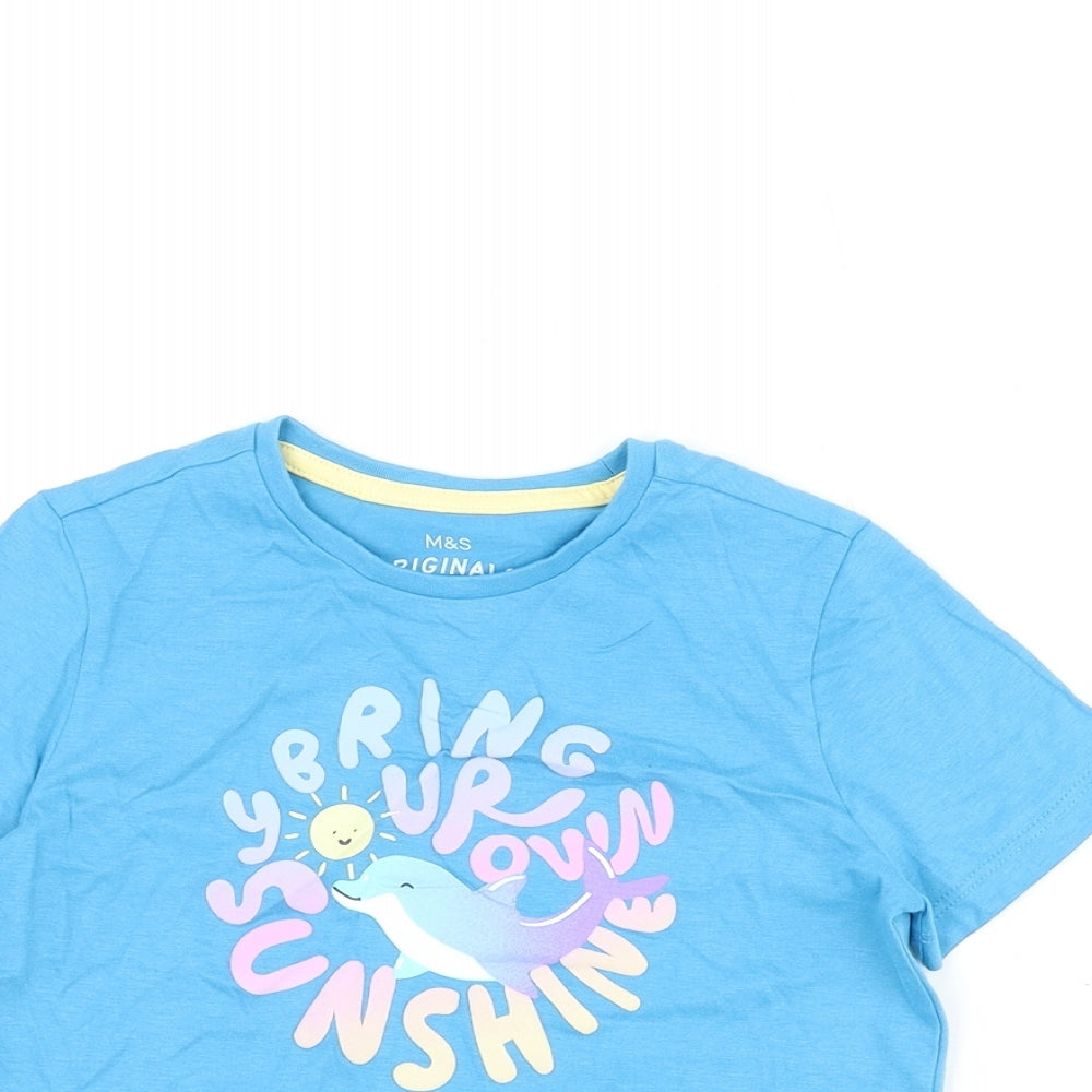 Marks and Spencer Girls Blue Cotton Basic T-Shirt Size 5-6 Years Round Neck Pullover - Dolphin Print