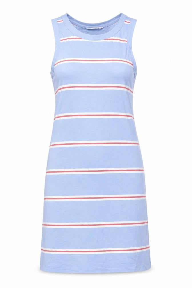 Front view of Marks & Spencer women’s blue striped cotton mini, size S, round neck pullover