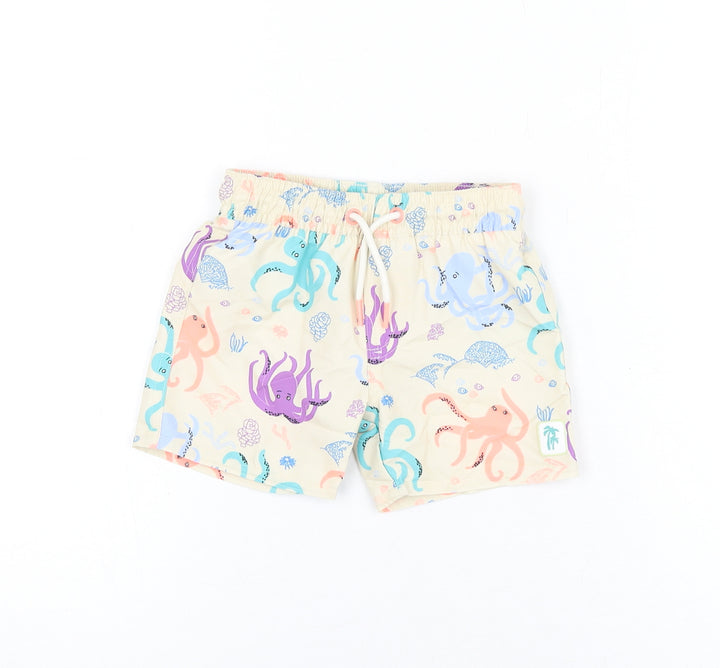 Marks and Spencer Boys Beige Geometric Polyester Shorts Outfit/Set Size 9-12 Months Drawstring - Swim Shorts