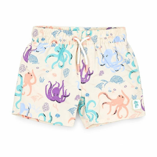 Front view of Marks & Spencer boys’ beige geometric polyester shorts outfit/set, size 9-12, months drawstring - swim shorts