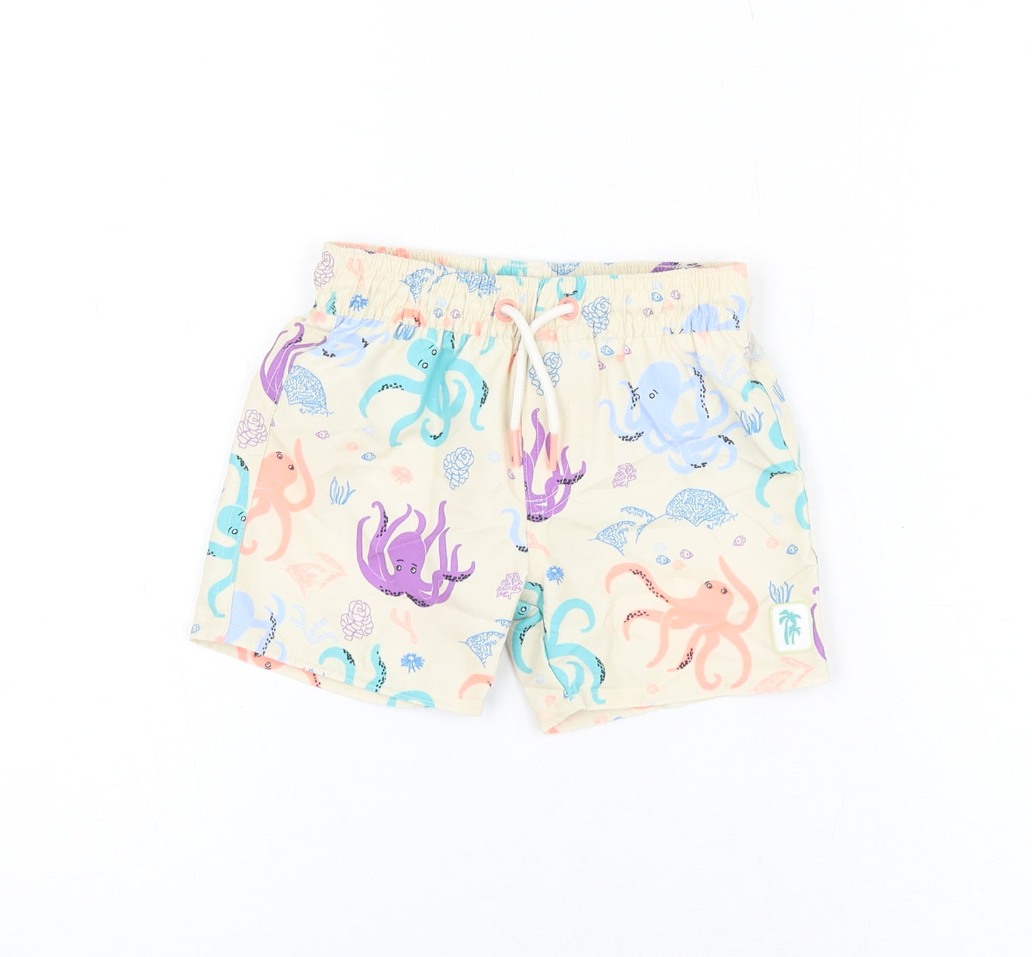 Marks and Spencer Boys Beige Geometric Polyester Shorts Outfit/Set Size 6-9 Months Drawstring - Octopus Print, Swim Shorts
