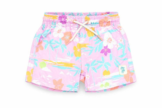 Front view of Marks & Spencer boys’ purple floral polyester shorts outfit/set, size 3-6, months drawstring - swim shorts