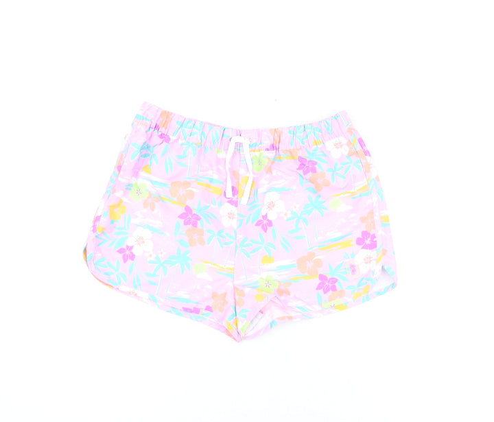 Marks and Spencer Girls Purple Floral Polyester Bermuda Shorts Size 13-14 Years Regular Drawstring - Swim Shorts