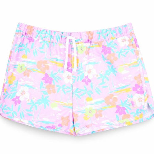 Marks and Spencer Girls Purple Floral Polyester Bermuda Shorts Size 13-14 Years Regular Drawstring - Swim Shorts