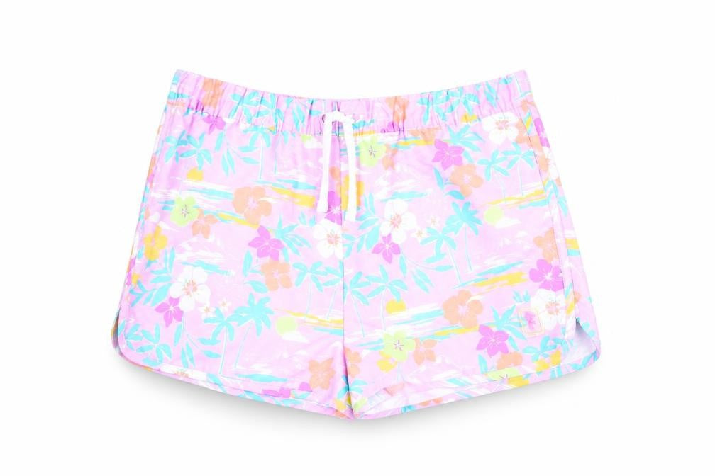 Marks and Spencer Girls Purple Floral Polyester Bermuda Shorts Size 13-14 Years Regular Drawstring - Swim Shorts