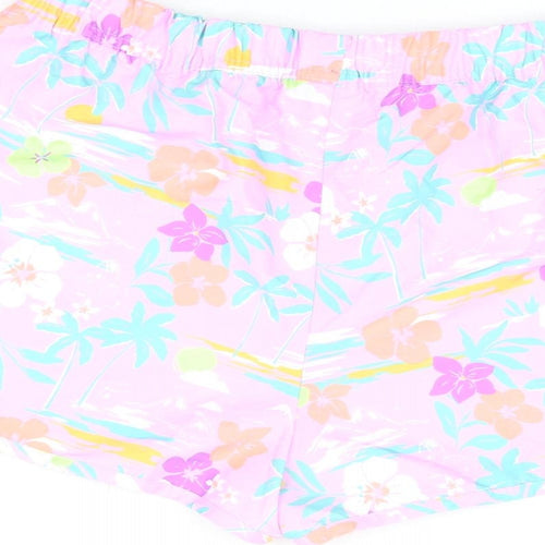 Marks and Spencer Girls Purple Floral Polyester Bermuda Shorts Size 13-14 Years Regular Drawstring - Swim Shorts