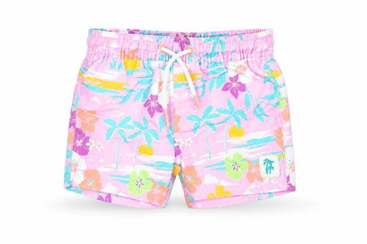 Front view of Marks & Spencer boys’ purple floral polyester shorts outfit/set, size 0-3, months drawstring - swim shorts