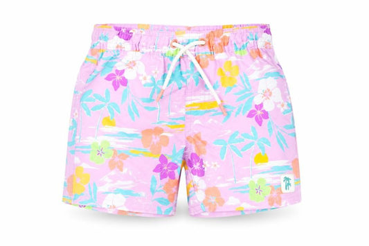 Front view of Marks & Spencer boys’ purple floral polyester shorts outfit/set, size 18-24, months drawstring - swim shorts