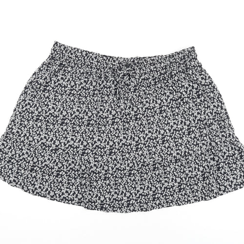 Marks and Spencer Womens Black Floral Cotton Skater Skirt Size 20 Drawstring