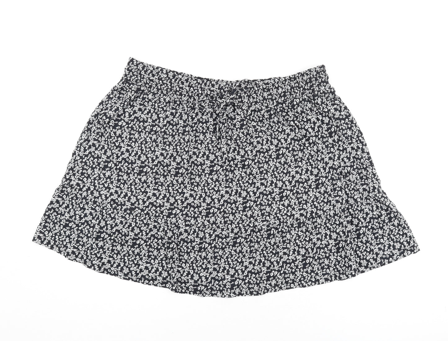 Marks and Spencer Womens Black Floral Cotton Skater Skirt Size 20 Drawstring