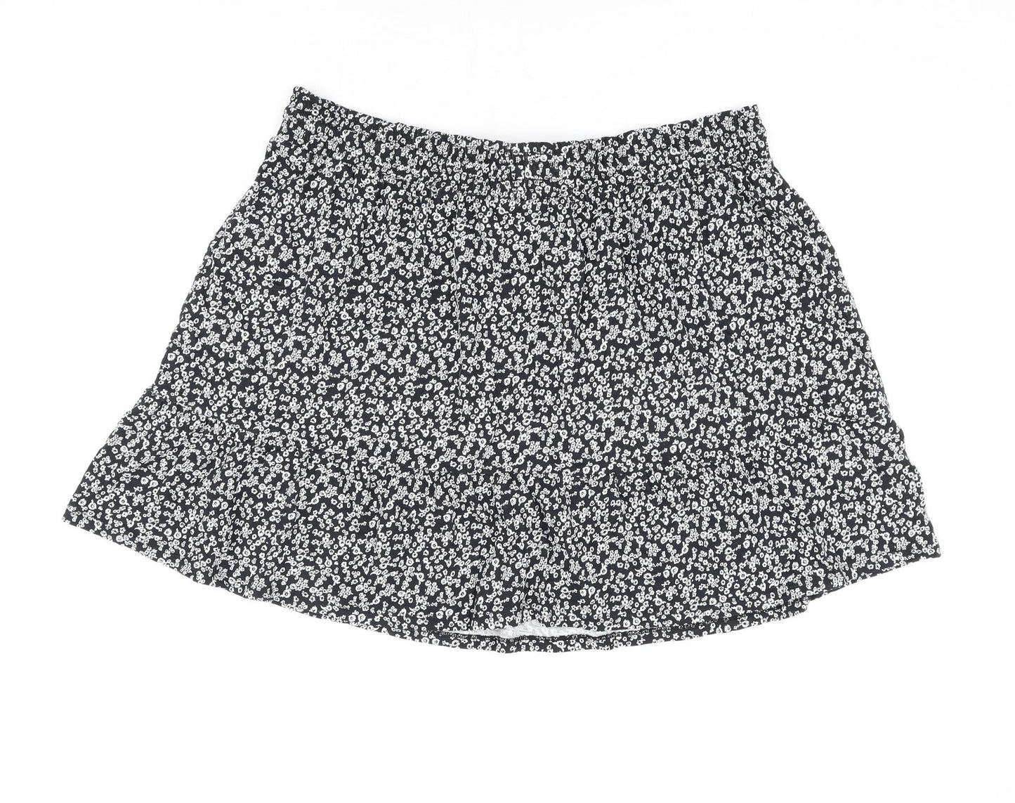 Marks and Spencer Womens Black Floral Cotton Skater Skirt Size 20 Drawstring