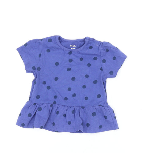 Marks and Spencer Girls Blue Polka Dot Cotton Basic T-Shirt Size 6-9 Months Round Neck Snap